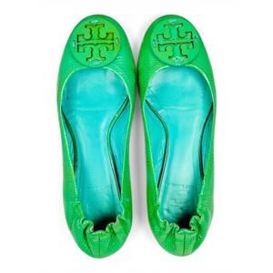 Tory Burch Reva Green Leather Ballet Flats Size 6 Logo Round Toe Slip On Classic